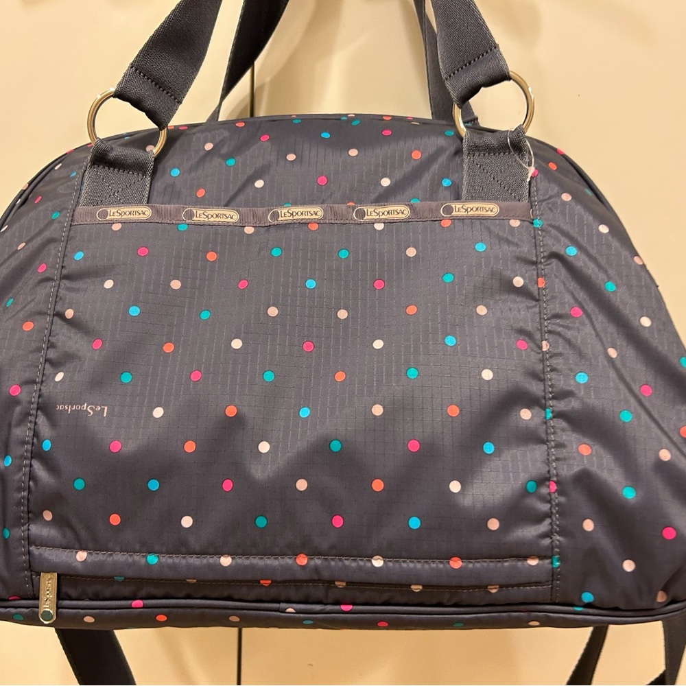 LeSportsac Gray with mini Dot Overnight Duffel Travel Deluxe Shoulder Bag
